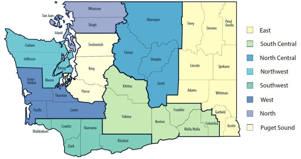 A map of the state of washington with counties colored in blue.